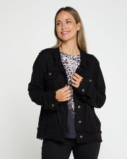 Kendall Linen Fringe Jacket - Black