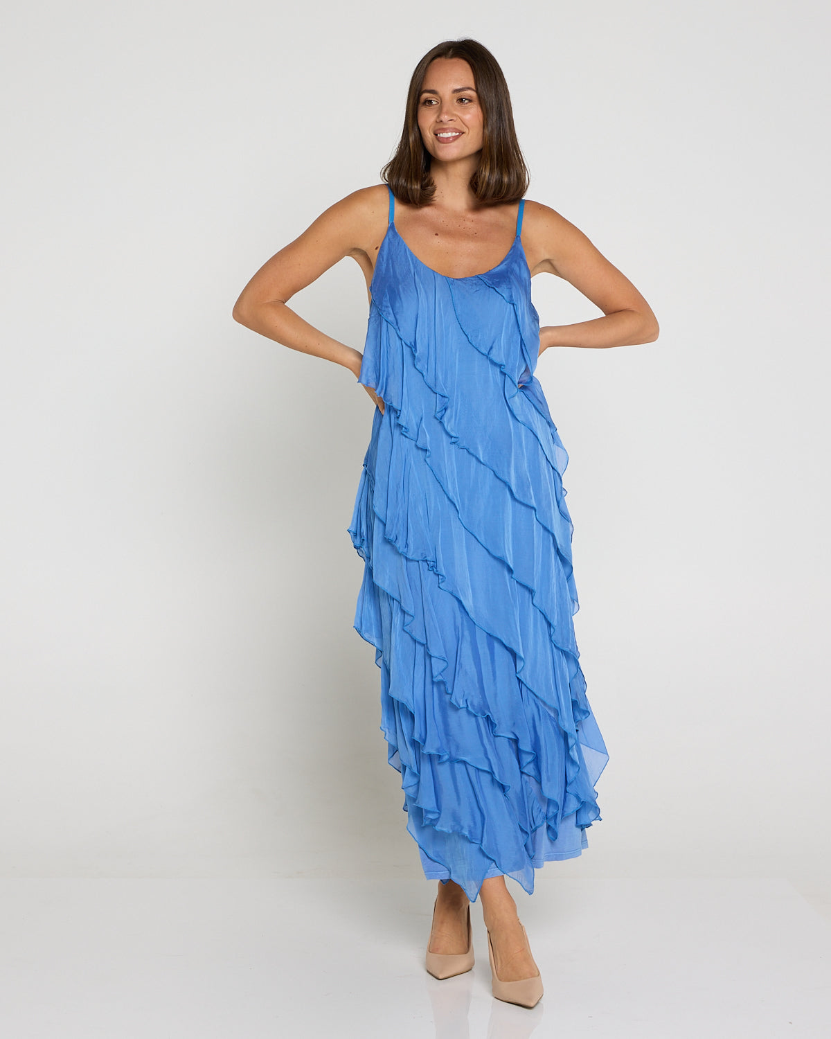 Nicolette Silk Bias Layered Slip Dress - Blue