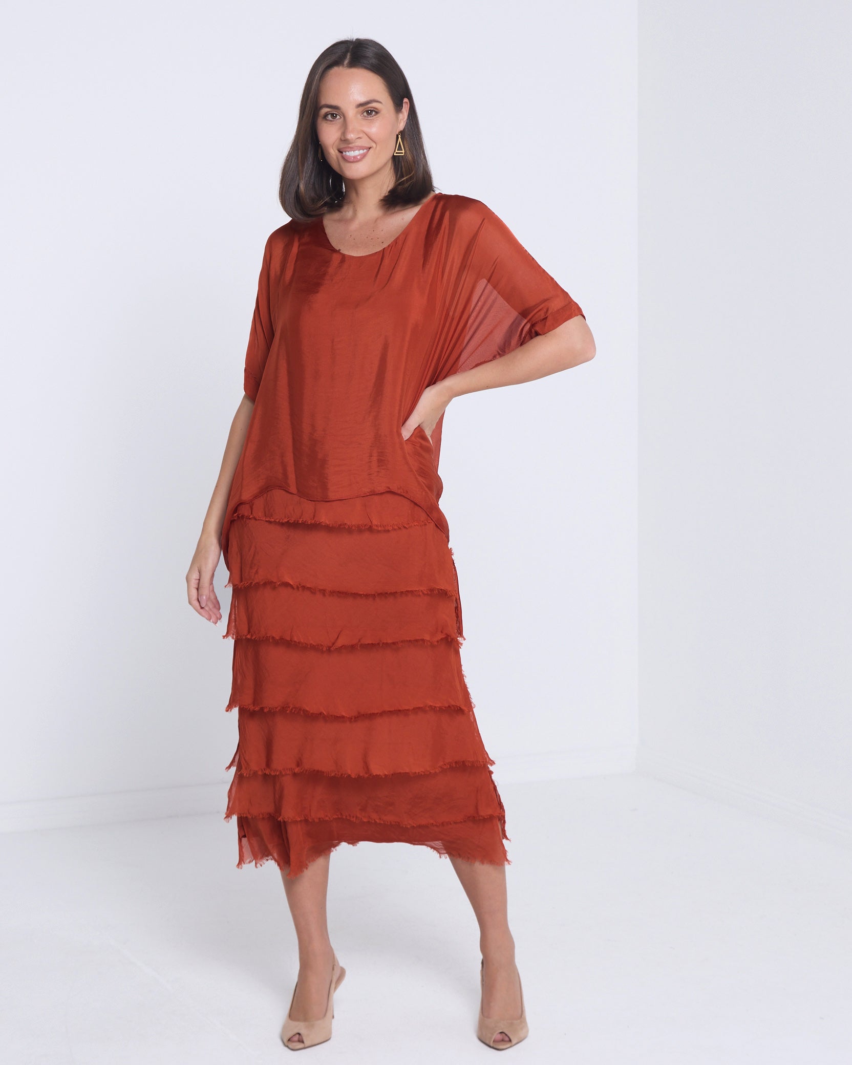 Ochre Silk Blend Dress Midi Layered Occasion – TULIO Fashion