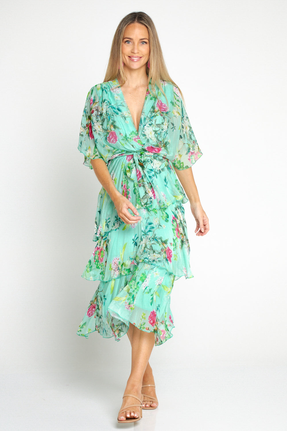 Loira Silk Dress Mint Rose Garden – TULIO Fashion - Main Image