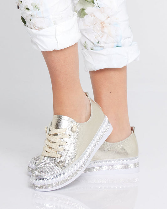 Sia Sparkle Leather Sneakers - Gold/Diamanté