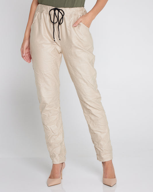 Chinta Leather Look Crinkle Pants - Beige
