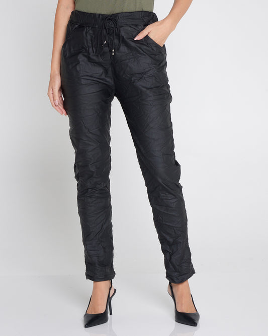 Chinta Leather Look Crinkle Pants - Black