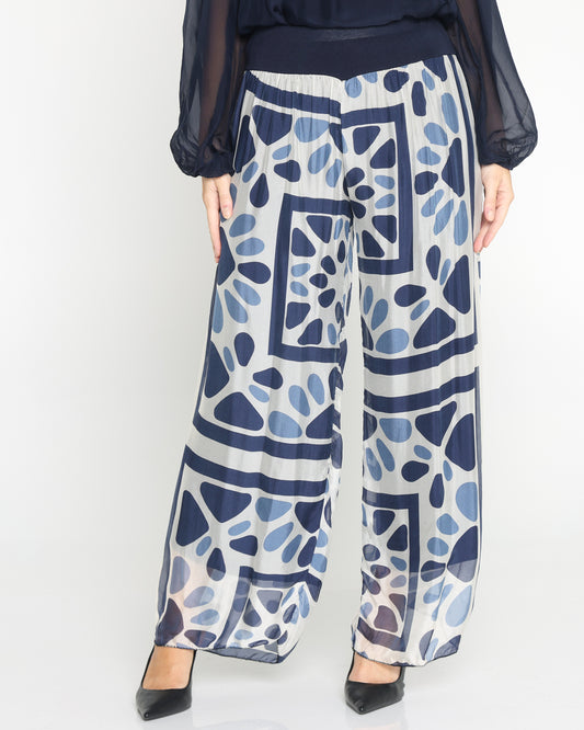 Arlette Silk Pants - Navy Mosaic
