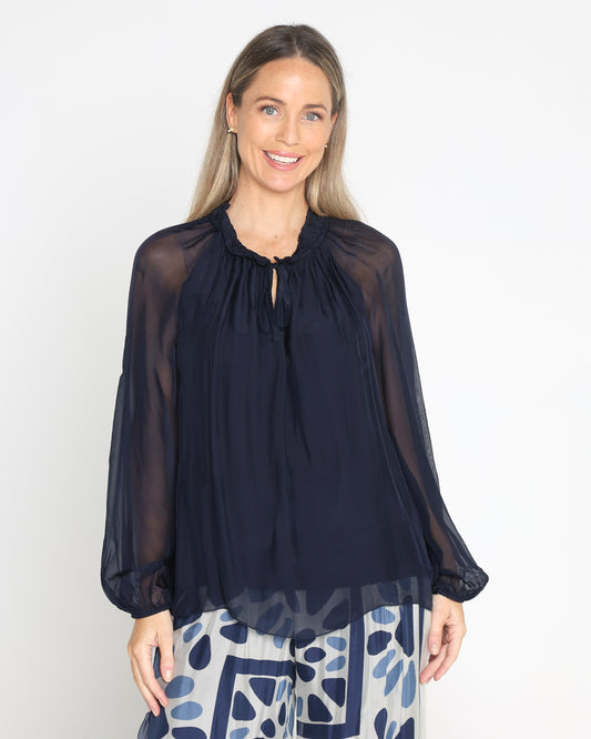 Leola Silk Top - Navy