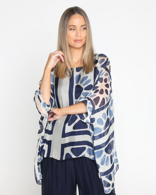 Luciana Silk Top - Navy Mosaic