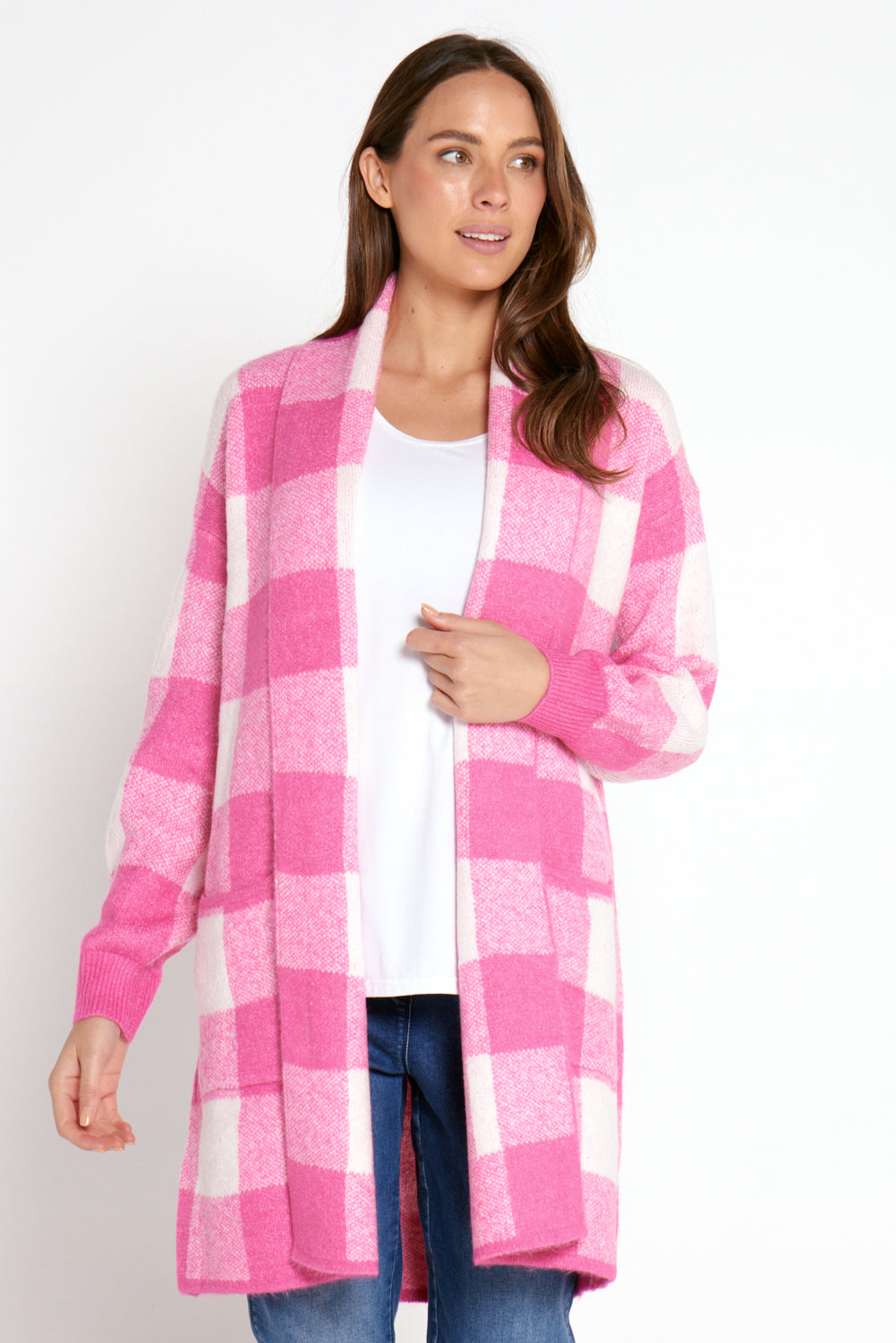 Lara Wool Cardigan Pink Check Mature Women's Springtime Knits