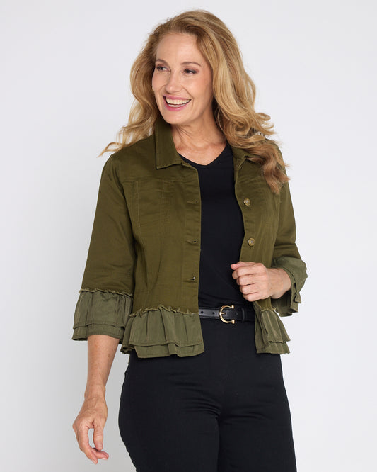 Leelah Cropped Ruffle Denim Jacket - Khaki