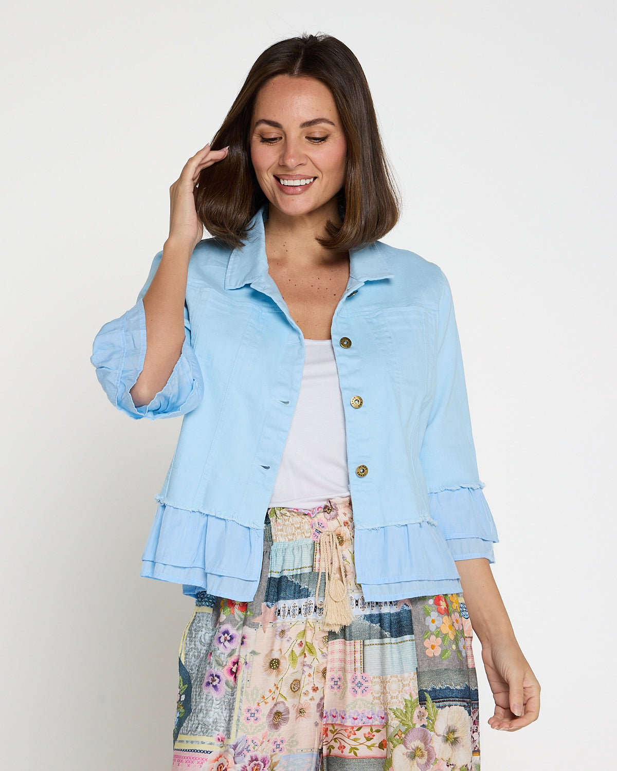 Leelah Cropped Ruffle Denim Jacket - Sky Blue