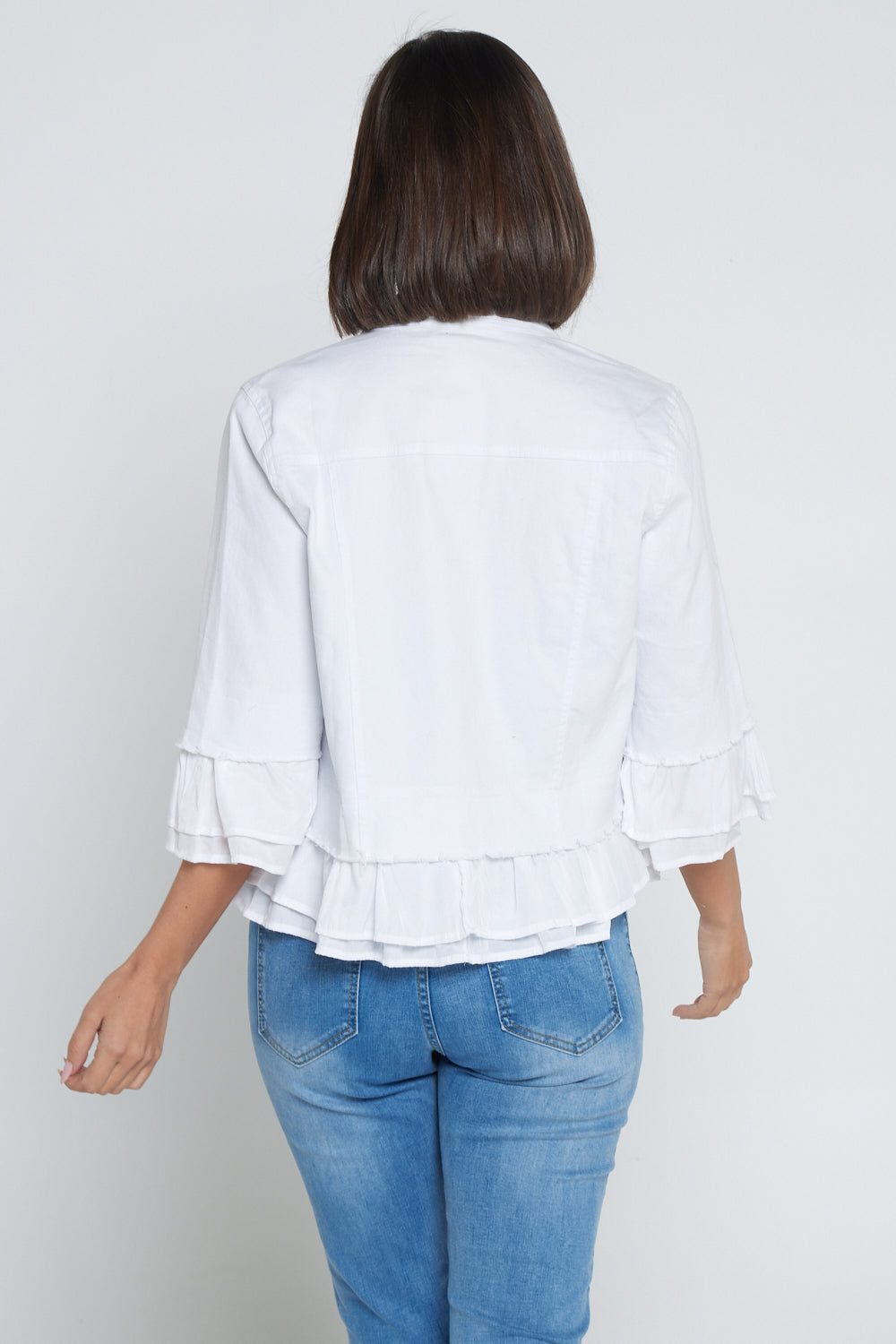 Leelah Cropped Ruffle Denim Jacket - White