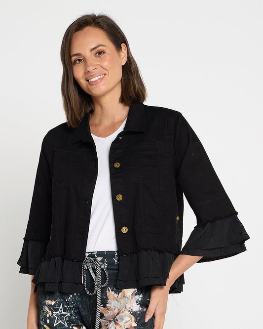 Leelah Cropped Ruffle Denim Jacket - Black