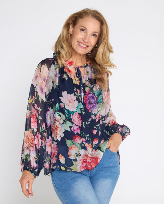 Leola Silk Top - Navy Camellia Gardens