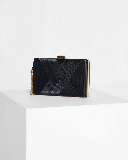 Loren Satin Rectangle Hardcase Clutch - Black