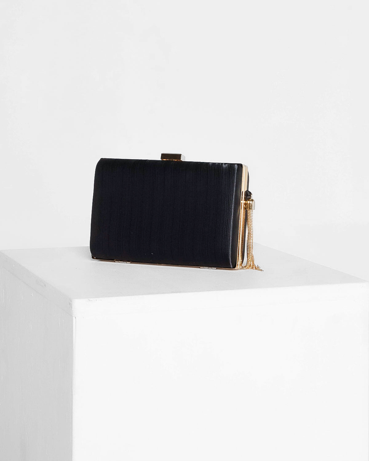 Loren Satin Rectangle Hardcase Clutch - Black