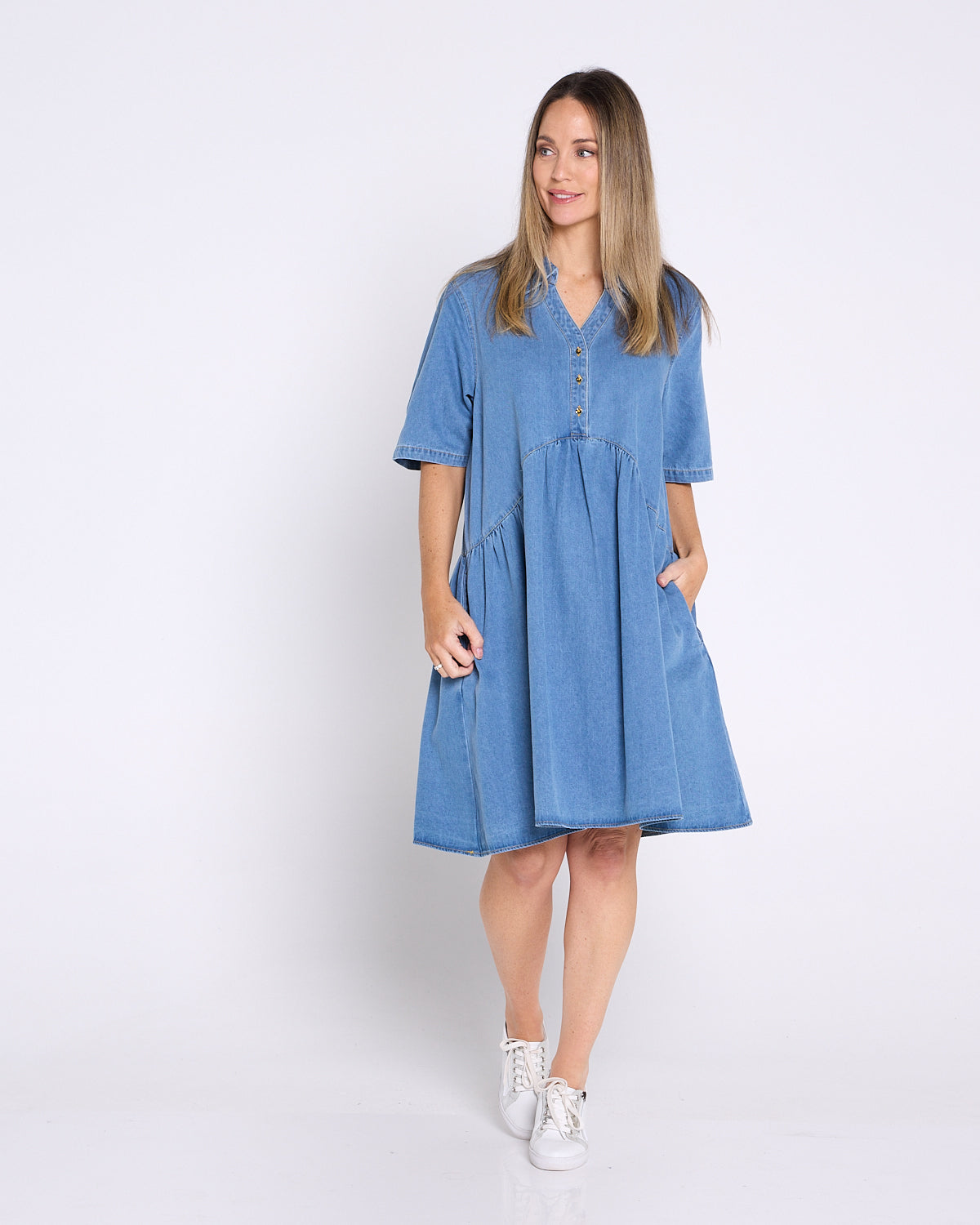 Maddie Denim Dress Mid Wash Blue Cotton Casual Dress Australia
