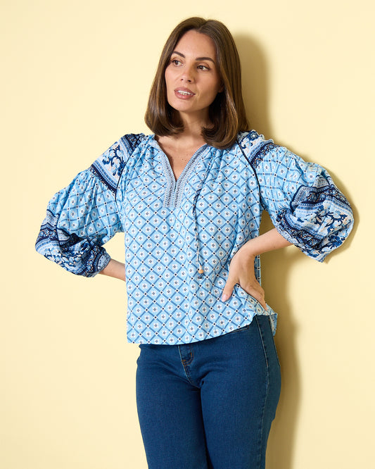 Marbella Tie Neck Blouse – Blue Mosaic