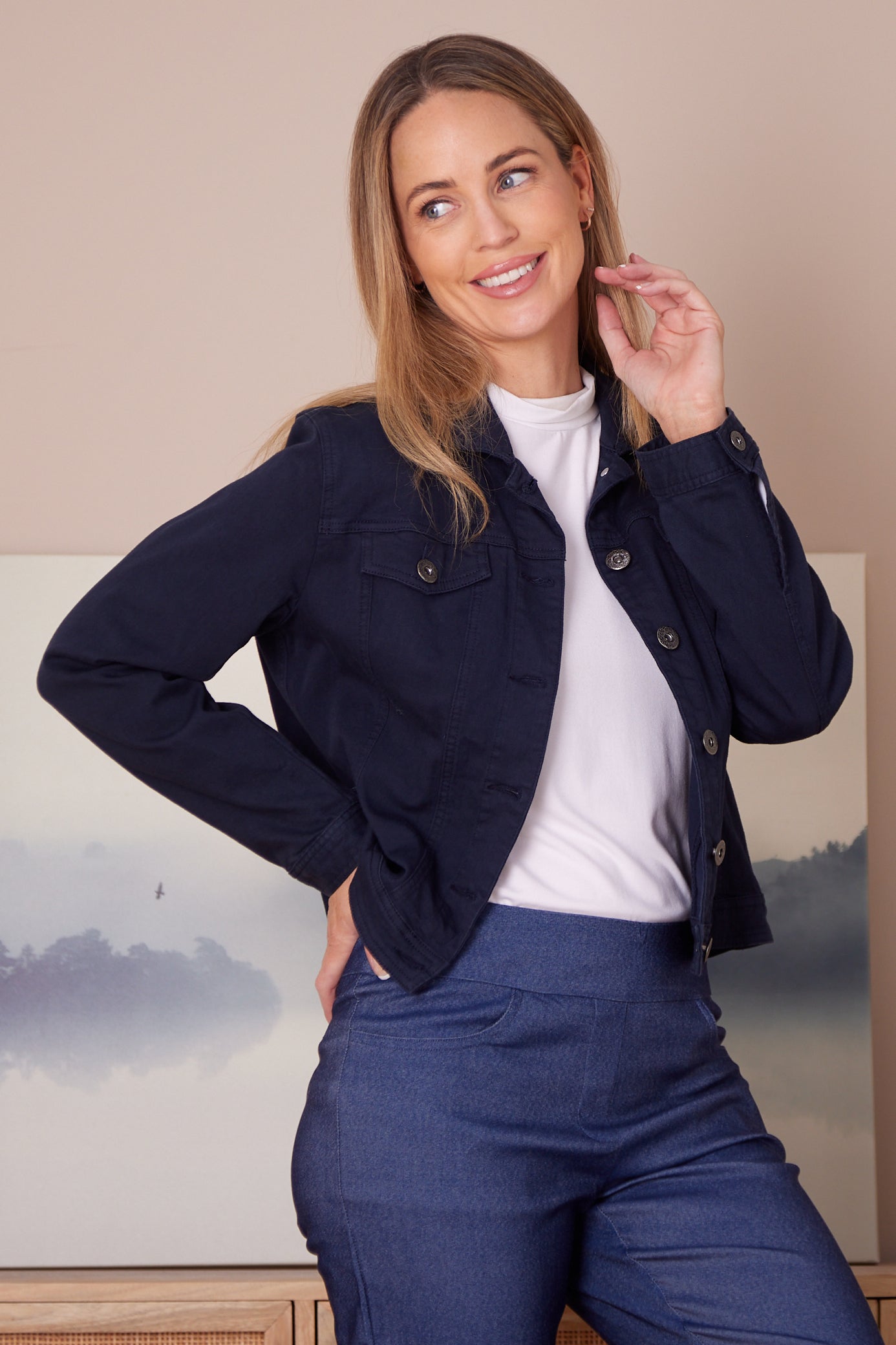 Michigan Denim Jacket Navy Cafe Latte Stretch Jean Jacket TULIO Fashion