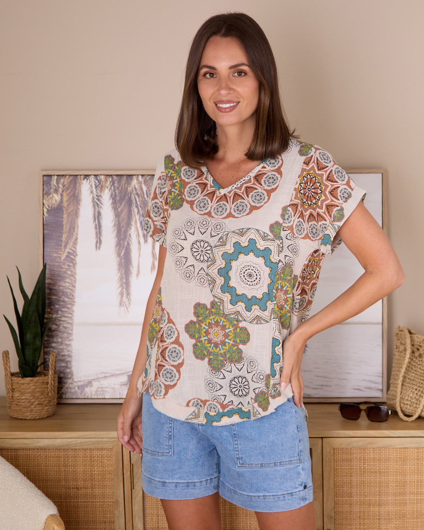 Mojave Linen Top - Desert Sand Blooms