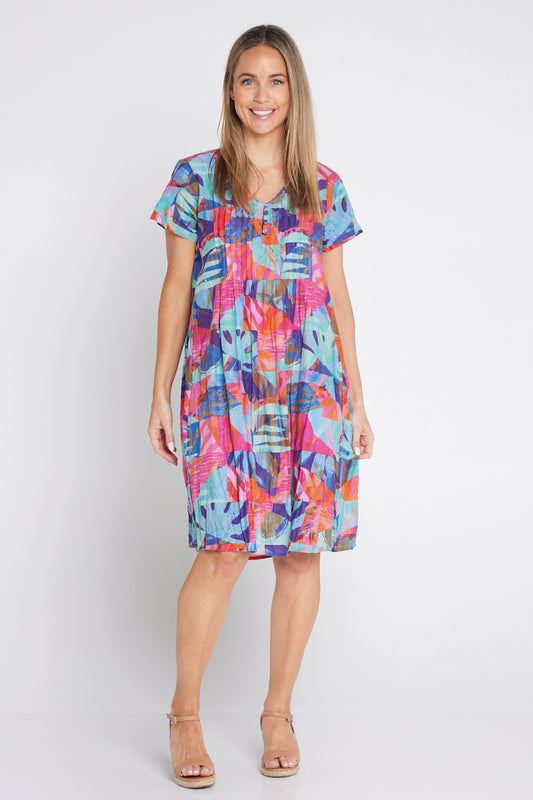 Nicola Cap Sleeve Cotton Dress - Blocks