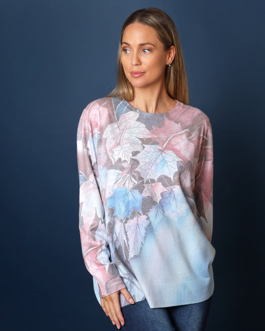 Kinley Cashmere & Cotton Knit - Pink/Blue Autumn Leaves
