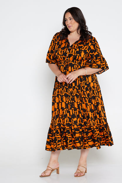 Quinn Maxi Dress - Orange/Black Midcentury