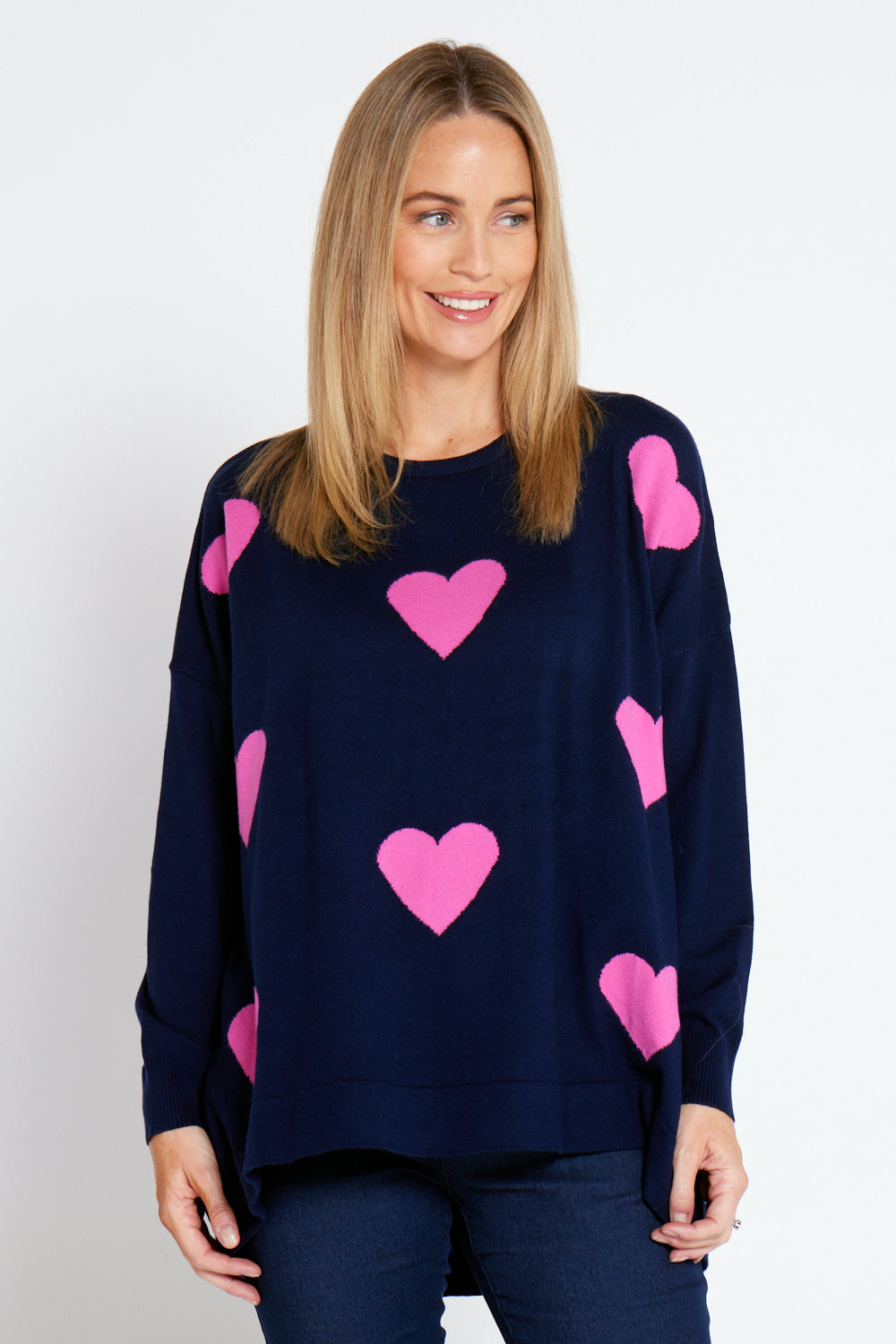 Reed Knit Top - Navy/Pink Heart  Mature Women's Tops – TULIO Fashion
