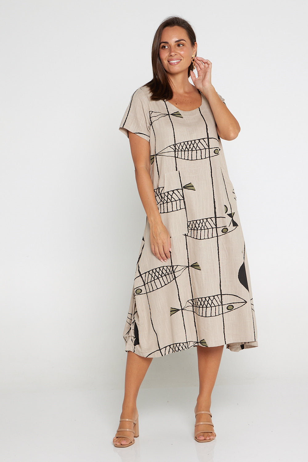 River Linen Dress - Pastel Khaki Sea Life – TULIO Fashion