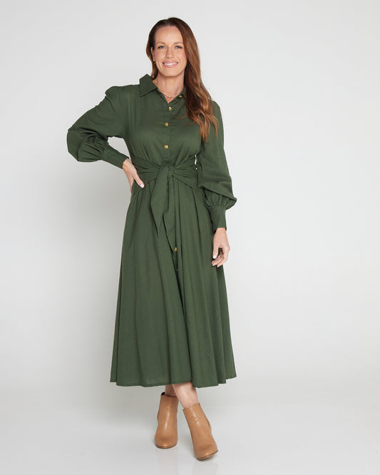 Palmer Linen Blend Shirt Dress - Moss Green
