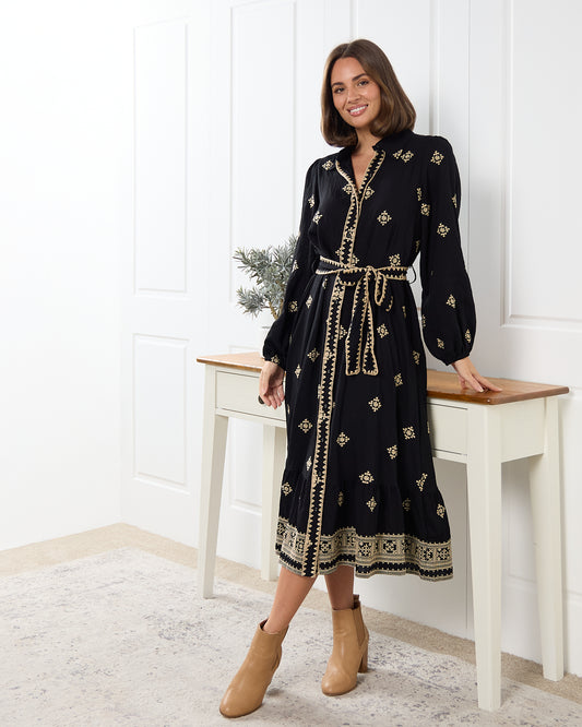 Selene Embroidered Dress - Black/Gold
