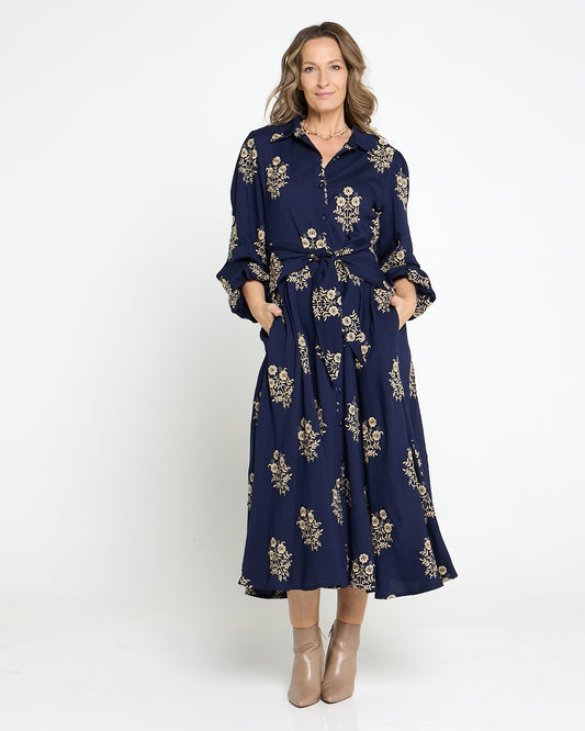 Jaycee Embroidered Dress - Navy/Gold Floral