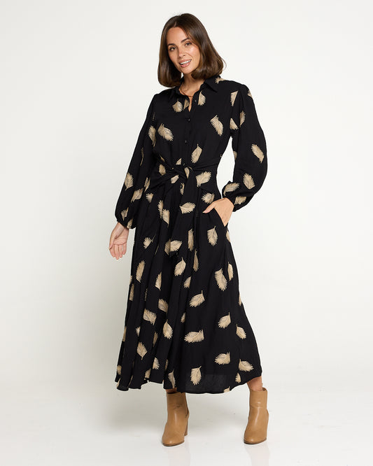 Jaycee Dress - Black/Gold Embroided Leaf