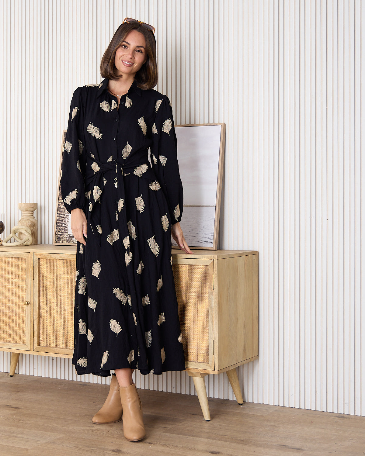 Jaycee Dress - Black/Gold Embroided Leaf