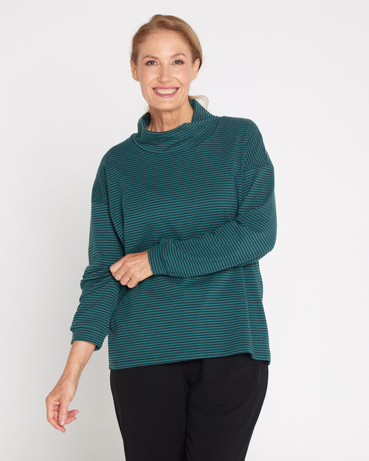 Kira Oversized Loose Cowl Top - Pine/Stripe