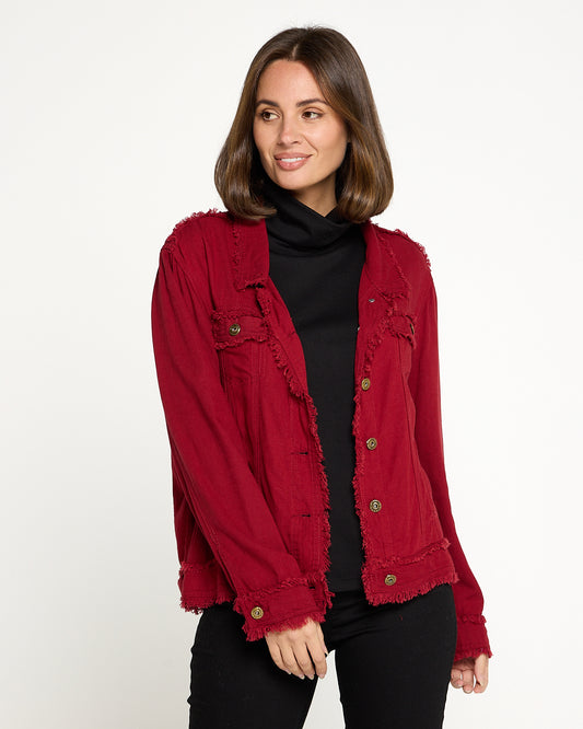 Kendall Linen Fringe Jacket - Burgundy