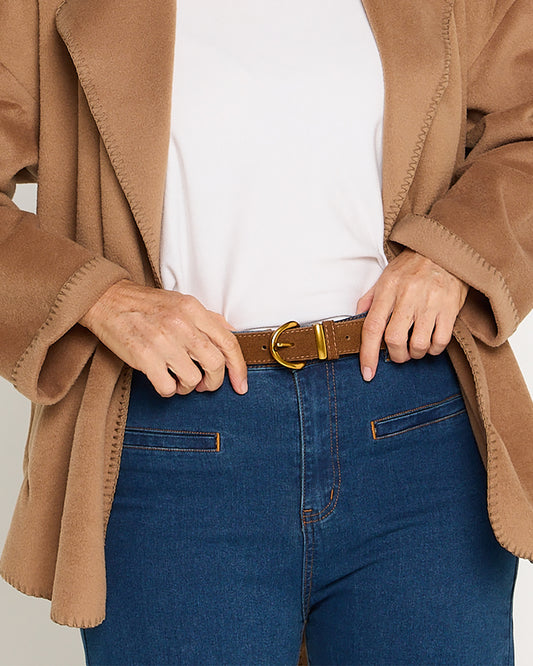 Metal Buckle Jeans Belt - Tan/Gold