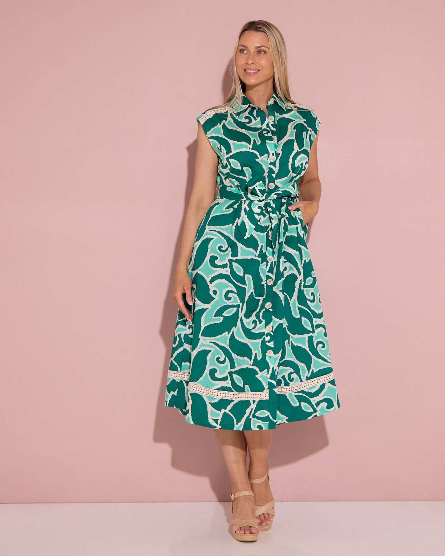 Santiago Sleeveless Shirt Dress - Teal/Jade Swirl