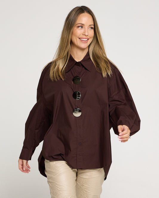 Statement Button Cotton Shirt - Chocolate