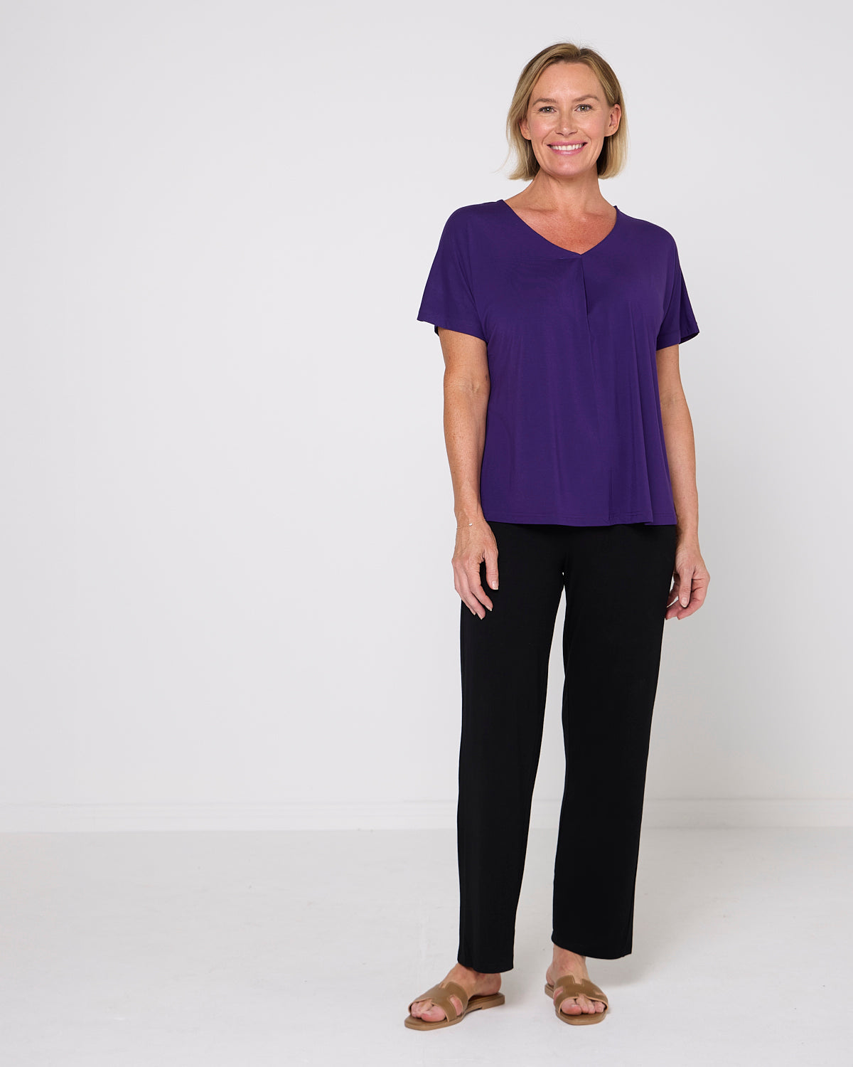 Pleat Neck Bamboo Tee - Eggplant