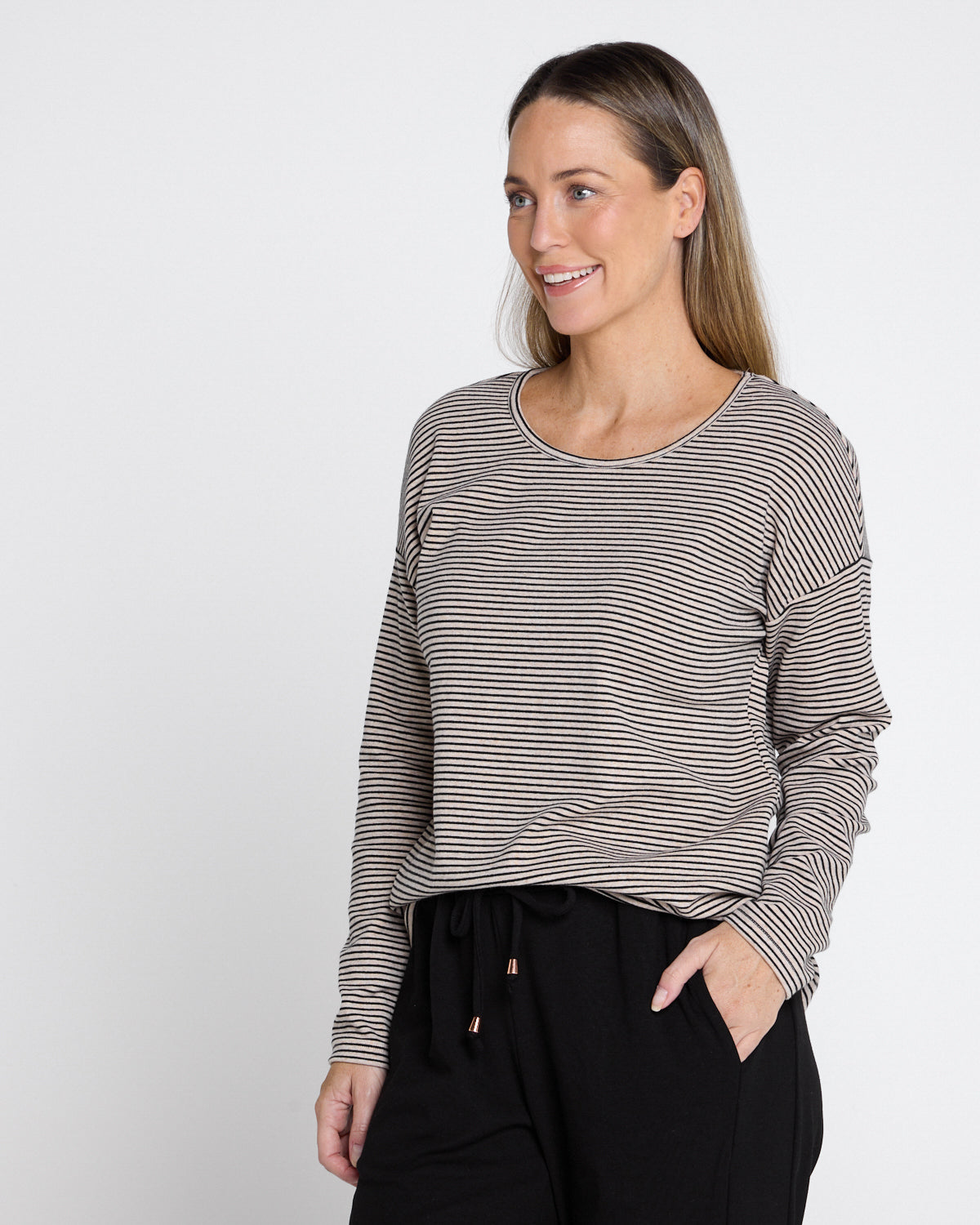 Jamie Long Sleeve Cotton Tee - Latte Stripe