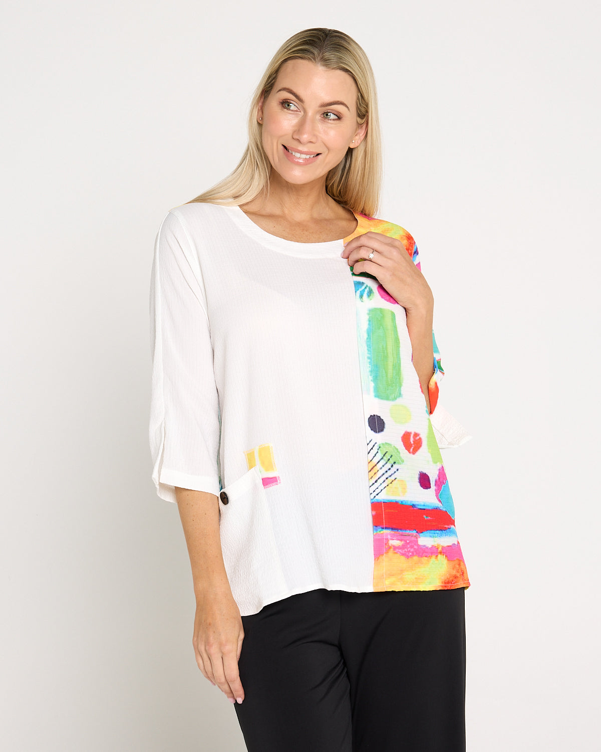 Frankie Splice Top - White/Rainbow Painting