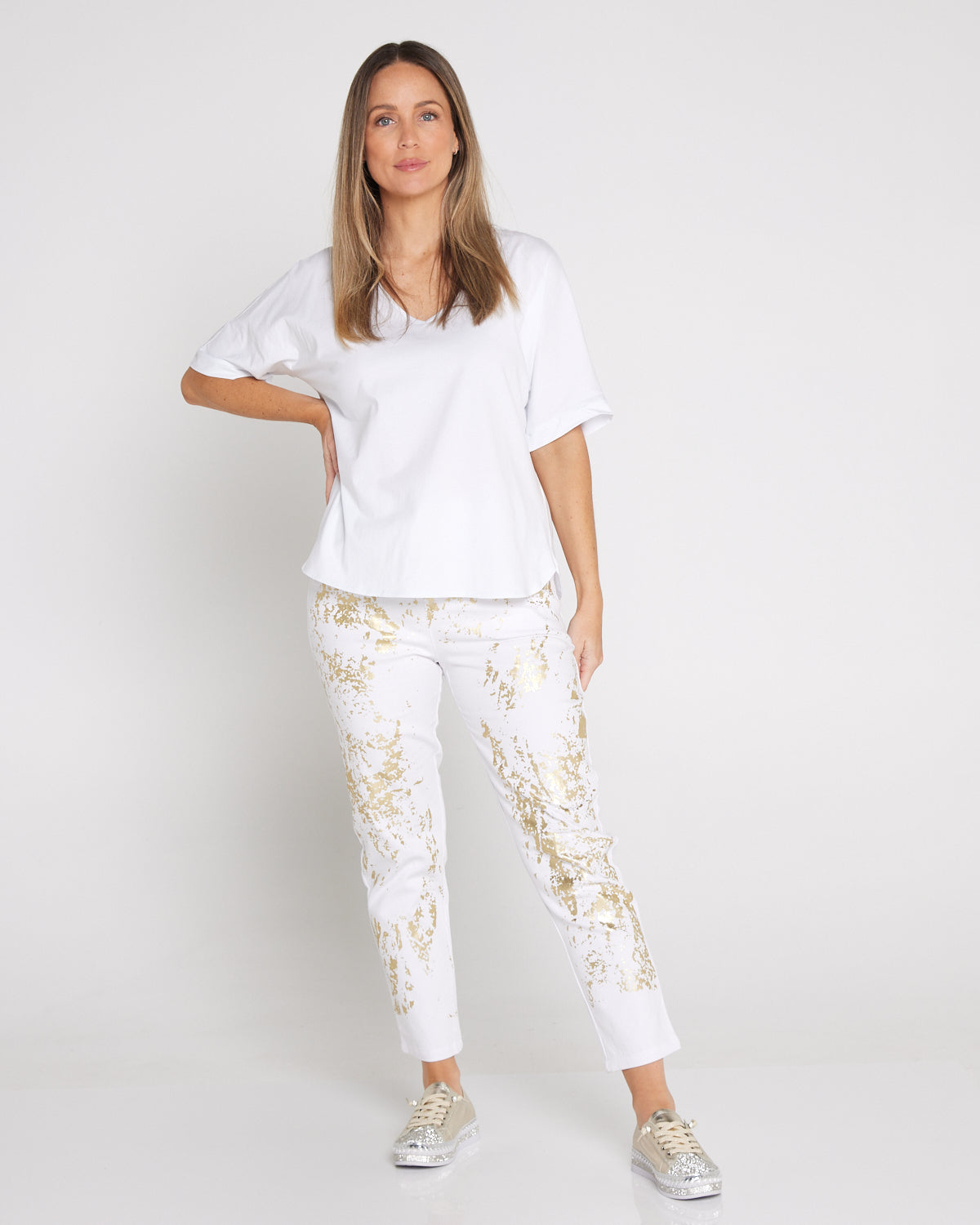 Renee Pants - White/Gold Foil
