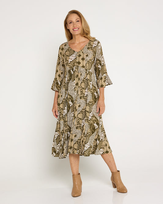 Brighton Sleeved Dress - Khaki Baroque