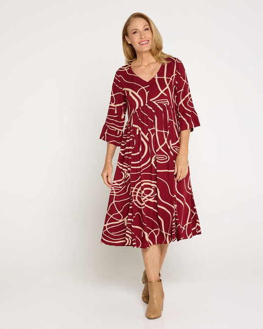 Brighton Sleeved Dress - Abstract Burgundy