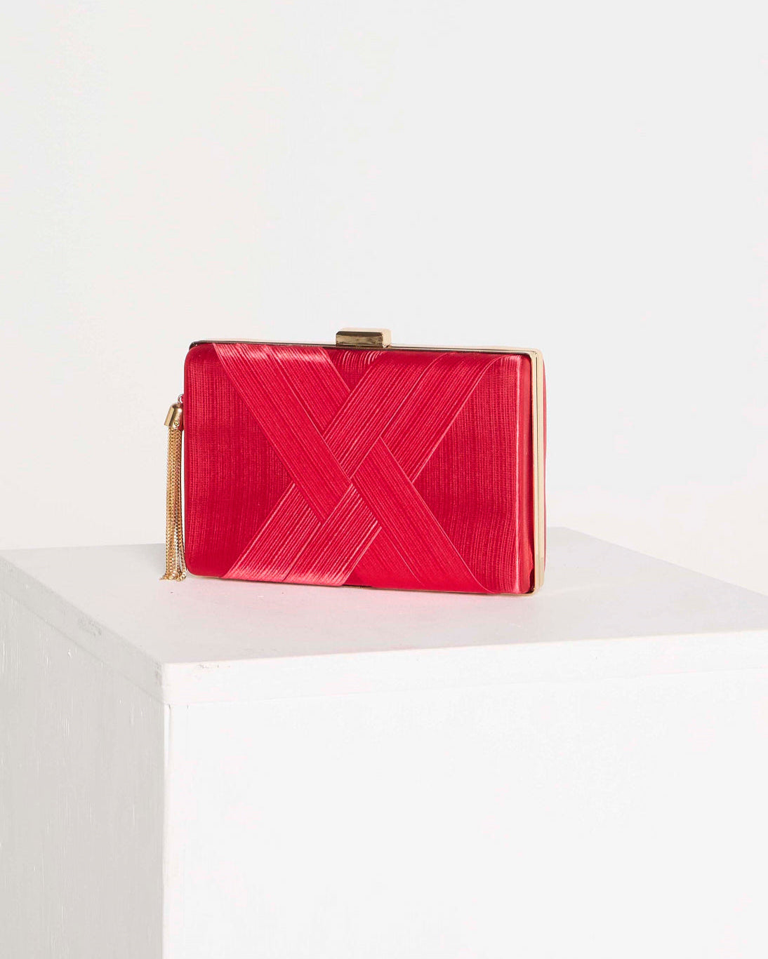 Loren Bag – Red Satin Crisscross Clutch with Tassel – TULIO Fashion