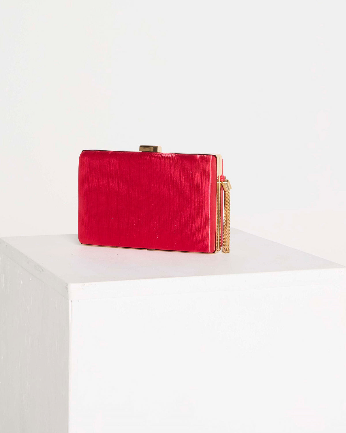 Loren Satin Rectangle Hardcase Clutch - Red