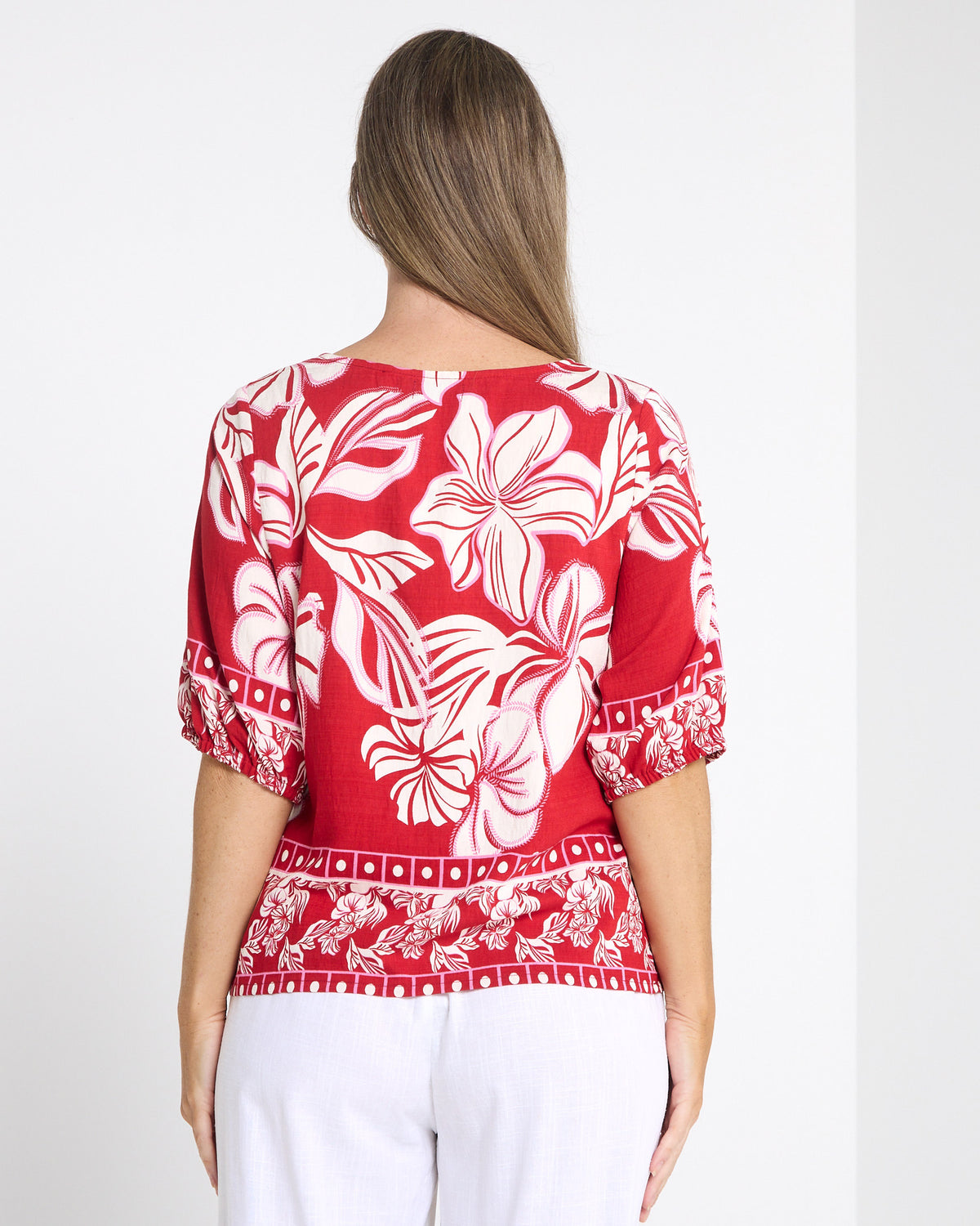 Falkiner Border Print Top in red, back view