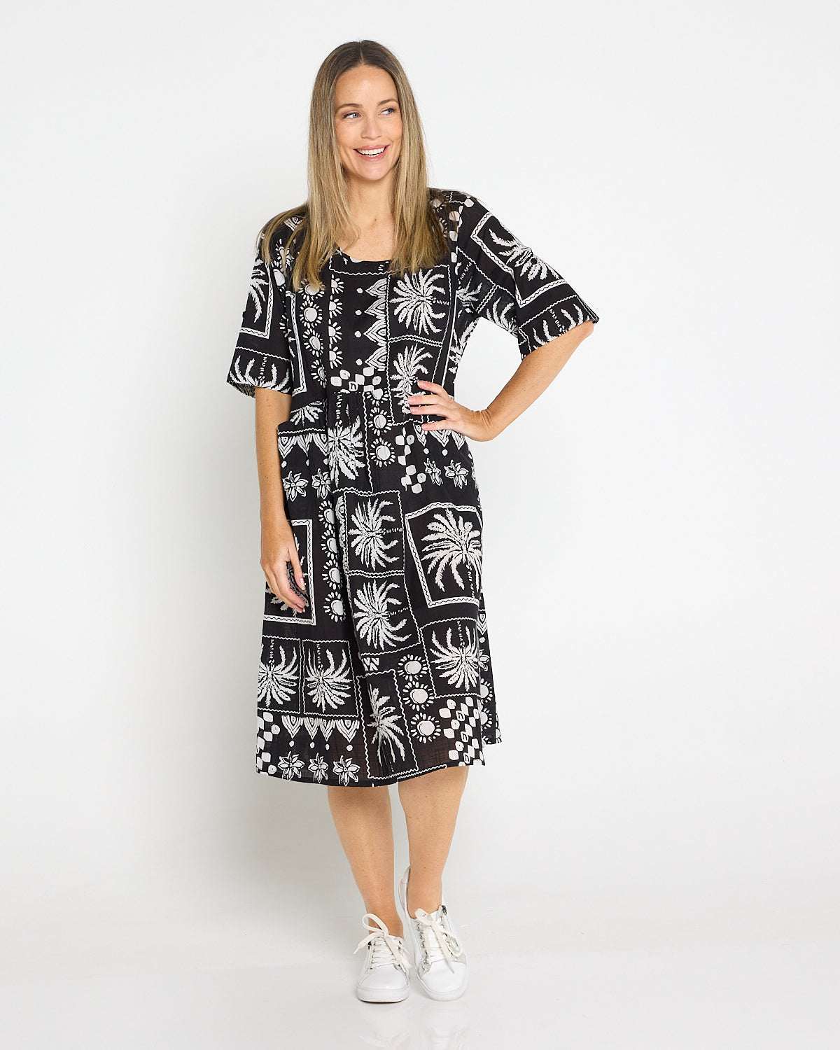 Yvonne Dress – Black Patch Cotton Midi with Pockets