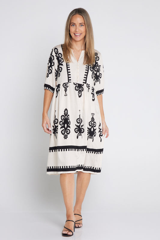Zalara Dress - Cream/Black Print