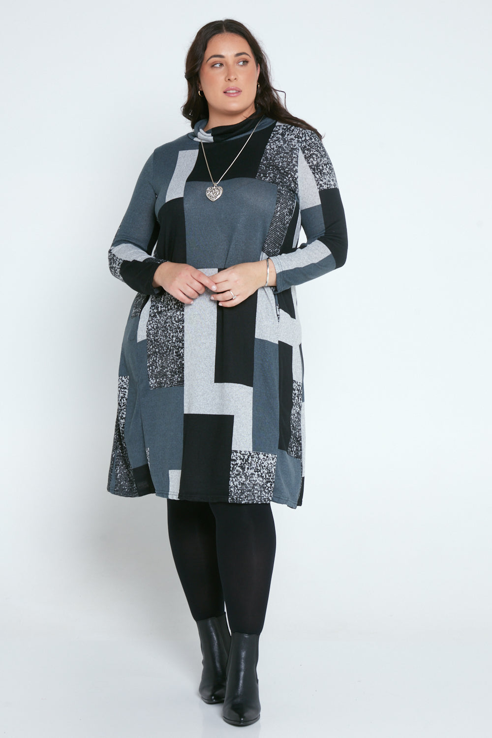 Astrid Tunic Dress - Charcoal Geo Patch
