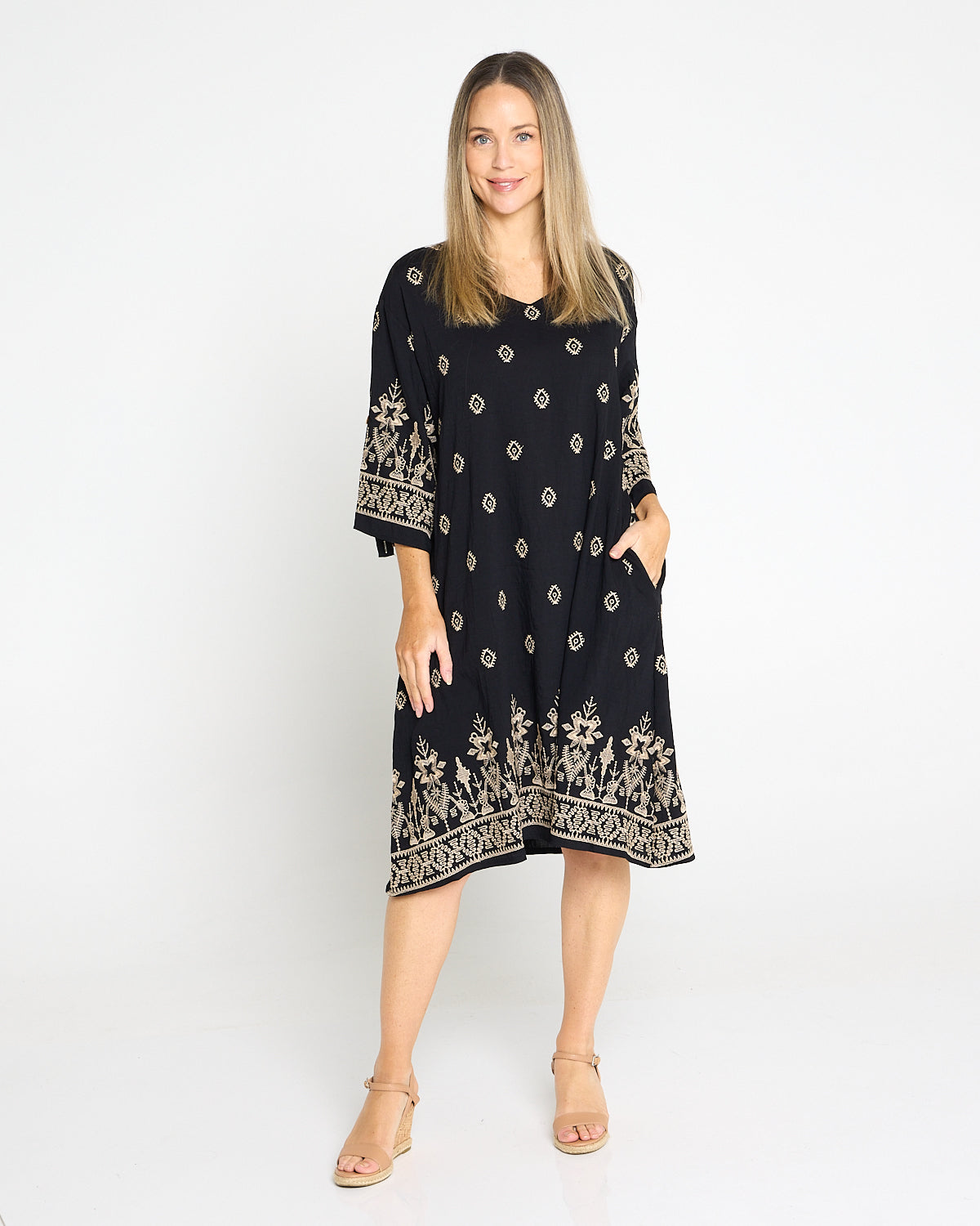 Aster Embroidered Dress – Black Petite-Friendly Linen Cotton